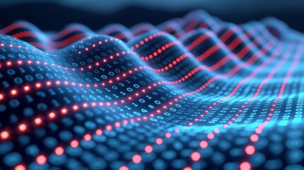 Abstract Digital Waveform Landscape with Red and Blue Lights Showing Data Flow