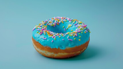 Blue donut with colorful sweet sprinkles isolated on colorful background