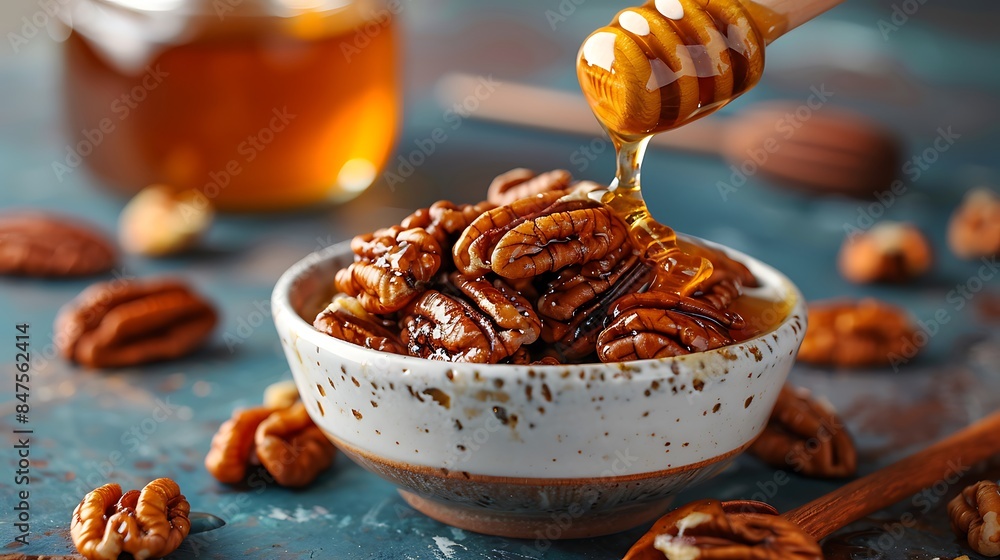 Wall mural Bowl with honey and pecan walnuts isolated on colorful background