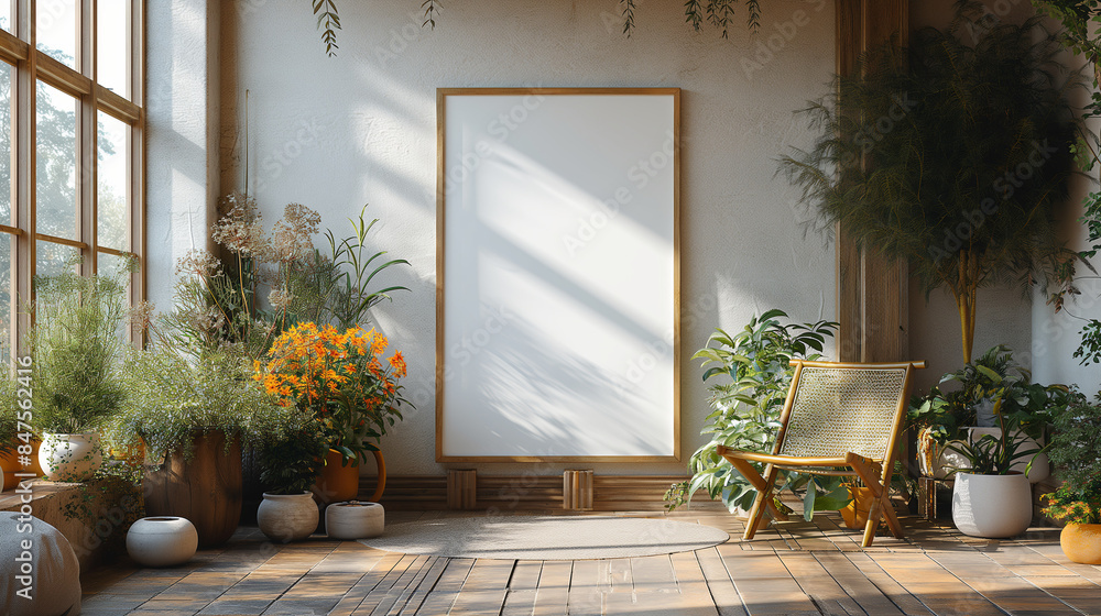 Poster a minimalist poster mockup in elegant script, featured on an empty wall with soft natural lighting a