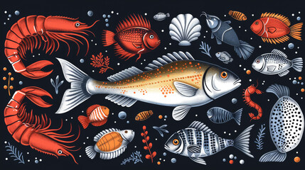 Set with hand drawn sea life elements, flat style.