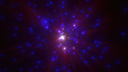 Abstract bright purple glowing background with flying dots circles bokeh energy particles and light rays