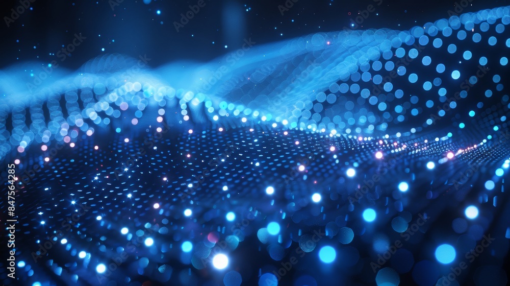 Poster abstract wave with soft blue glowing bokeh light background.