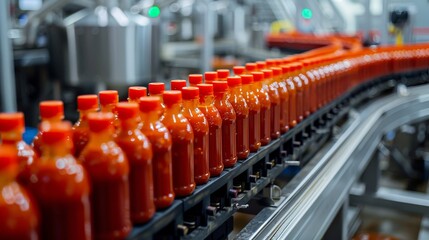 Fototapeta premium High-tech automated factory with robots producing Sriracha sauce, hygienic and spotless, reflecting Asian cuisine excellence