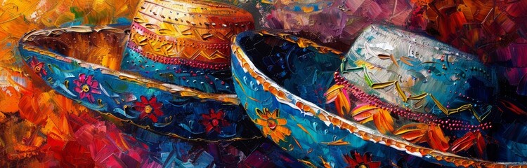 Fototapeta premium Colorful Sombrero Hats On Vibrant Painted Background