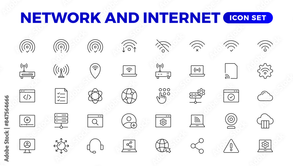 Poster set of network and internet outline icons. linear icon collection for online, computer, network, web