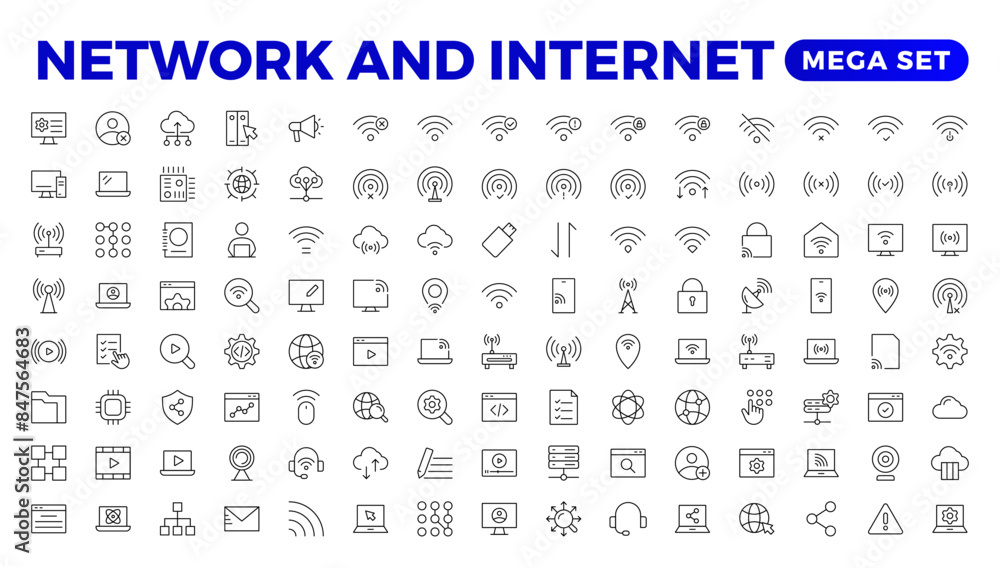 Poster set of network and internet outline icons. linear icon collection for online, computer, network, web