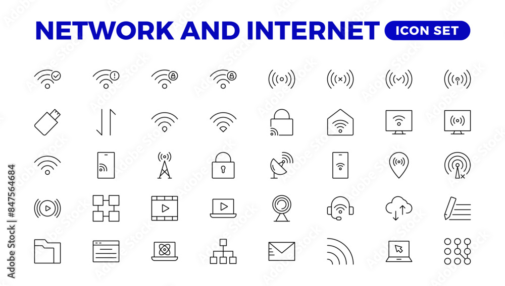 Poster set of network and internet outline icons. linear icon collection for online, computer, network, web