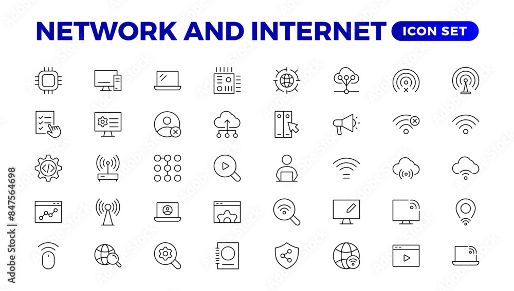 Poster set of network and internet outline icons. linear icon collection for online, computer, network, web