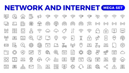 Set of Network and Internet outline icons. linear icon collection for online, computer, network, website, server, web design, hardware, software, and programming. Solid icons illustration collection.
