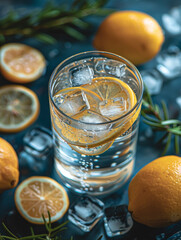 Cocktail gin tonic with ice, rosemary and lemon on a stone table in a bar.