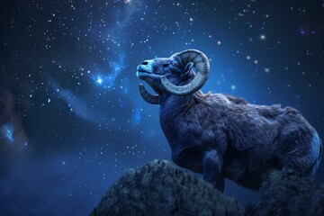Aries Zodiac Sign, Horoscope Symbol, Magic Astrology Ram, Ram in Fantastic Night Sky