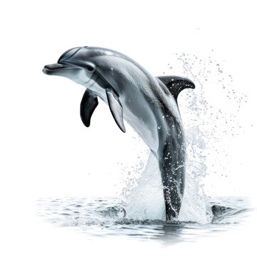 A dolphin leaps out of the water, its tail and body splashing in the air