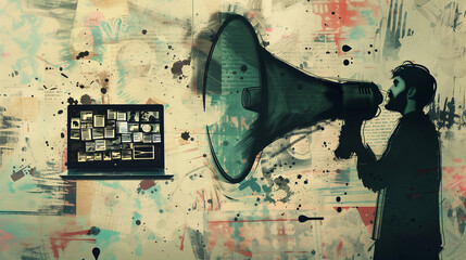 Digital Megaphone: Amplifying Voices in the Digital Age. A vibrant and dynamic illustration depicts a silhouette of a person using a megaphone to project their voice towards a laptop screen.