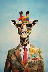 Obraz premium Humorous and creative illustration of a giraffe wearing sunglasses and a floral suit with a red tie against a sky background.