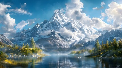 Fototapeta premium Majestic Snow Capped Peaks Reflected in Serene Alpine Lake Surrounded by Lush Forests