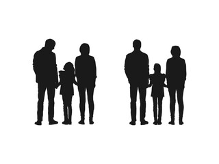 back view family standing silhouettes vector. Vector silhouettes of group of young people with children in their arms. people look to the future. vector illustration isolated on white background.