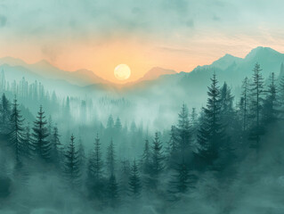 Obraz premium Beautiful dark blue mountain landscape with fog and forest.