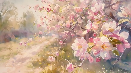 Vibrant Spring Bloom in Orchard Captured with Soft Watercolor Strokes and Delicate Detailing