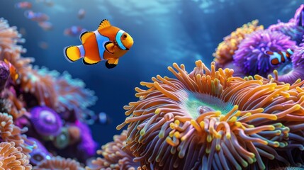 Fototapeta premium Clownfish swimming on anemone underwater coral reef background. colorful coral reef landscape