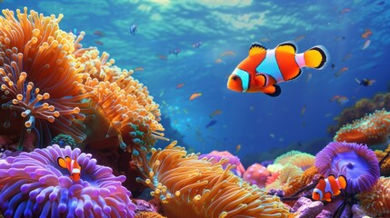 Fototapeta premium Clownfish swimming on anemone underwater coral reef background. colorful coral reef landscape