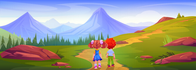 Two kids back view walking along path on meadow with green grass and rocks with high mountains and spruce forest on background. Cartoon vector summer landscape with boy and girl friends go on trail.