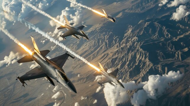 A fighter jet shoots a missile into the sky. with the speed of the sound concept outside the air