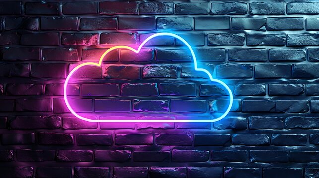 Cloud upload icon with glowing neon colorful lighting on black brick wall - Powered by Adobe