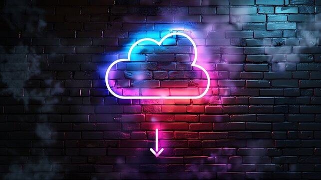 Cloud upload icon with glowing neon colorful lighting on black brick wall