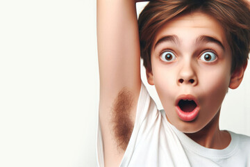 Surprised kid teenager with hairy armpits on a white background