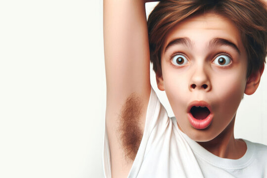 Surprised kid teenager with hairy armpits on a white background