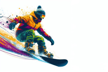 Young man Snowboarding down the mountain abstract style colorful Isolated on white background