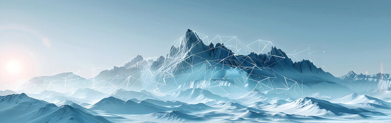 Mountain landscape in geometrical shapes and wireframe connections in the background