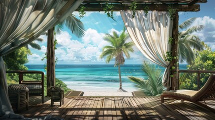 beautiful view from the terrace to the beach tropics sea 3D wallpaper