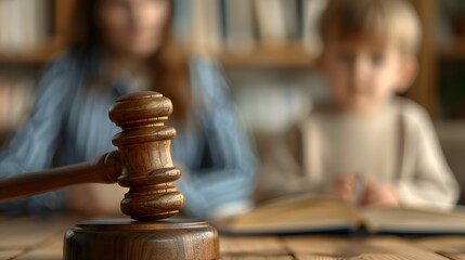 A detailed shot of a judge's gavel with a child in the background out of focus. Symbolizing the concept of child custody.