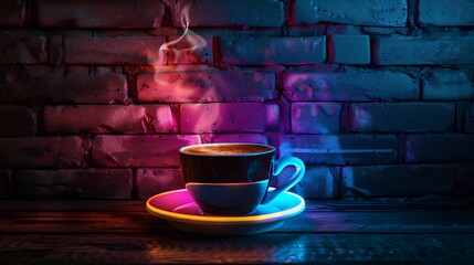 Coffee turk with glowing neon colorful lighting on black brick wall