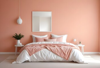 A cozy and minimalist bedroom with a white bed frame, pink and white bedding, and a white framed wall mirror against a peach-colored wall