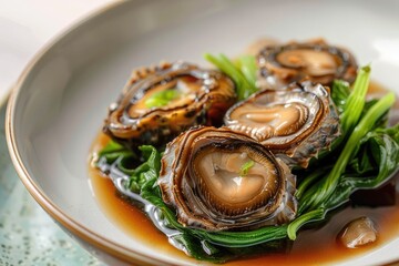 Cooked Abalone Dish, Scallops in Luxury Restaurant, Cooked Seashells, Australian Abalone in Sauce