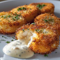 Fototapeta premium Halibut Cutlets or Fish Cakes with Cream Cheese Isolated