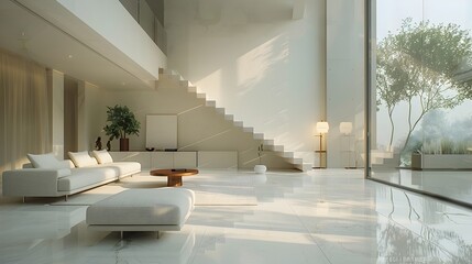 Fototapeta premium Sleek and Minimalist Modern Living Room with Functional Furnishings and Natural Light