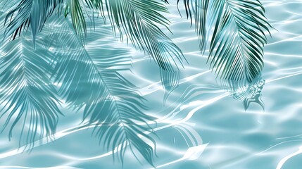 Shadow of palm leaves cast on a blue water surface, creating a tropical and abstract background ideal for summer vacation beach concepts.
