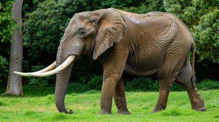 Obraz premium Adult African elephant with long tusks alone on a green field. Habitat of wild animals in natural forests