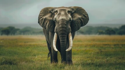 Fototapeta premium Adult African elephant with long tusks alone on a green field. Habitat of wild animals in natural forests