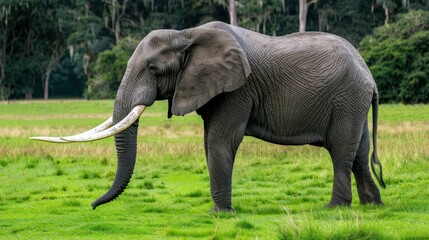 Obraz premium Adult African elephant with long tusks alone on a green field. Habitat of wild animals in natural forests