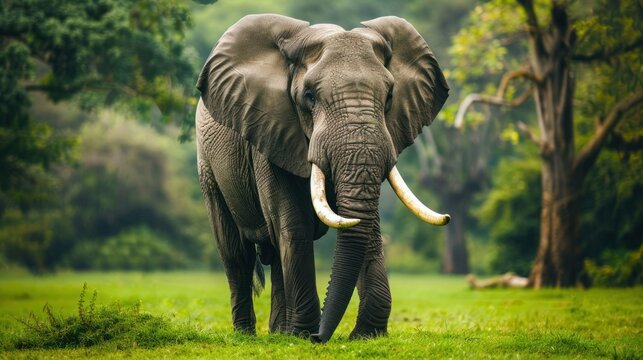 Adult African elephant with long tusks alone on a green field. Habitat of wild animals in natural forests