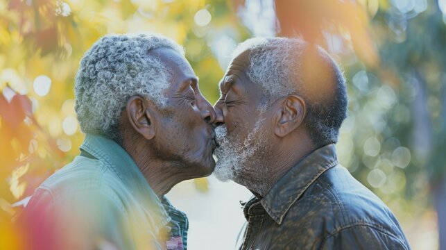 Elderly African couple kissing outdoors during LGBTQ month.