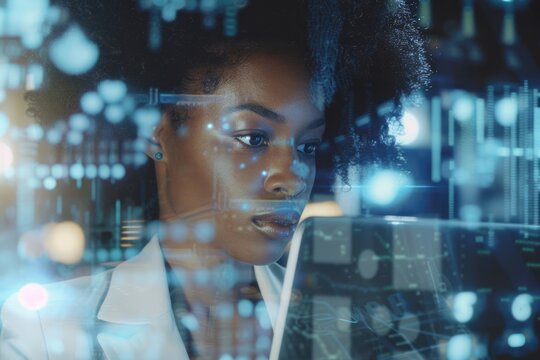 Young African American businesswoman using laptop with AI interface.