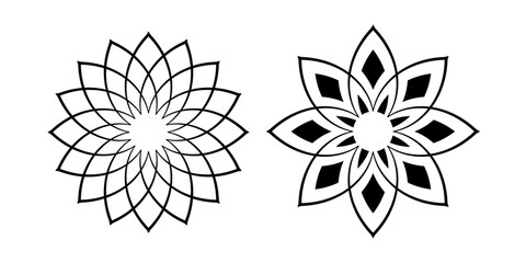 Set of Abstract Decorative Radial Floral Patterns. Flower Icons. Round Design Elements.