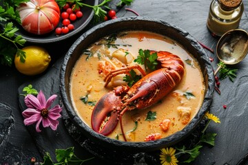 Lobster Bisque, Crab Puree Soup Top View, Seafood Chowder, Gourmet Shellfish Soup on Natural Black Stone