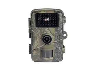 Hunting trail camera isolated on a white background. Outdoor wildlife surveillance camera with motion detector. Nature protection and monitoring
